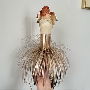 Vintage Tinsel Angel Tree Topper Handmade Burst Gold Spray Cascading Doll Old